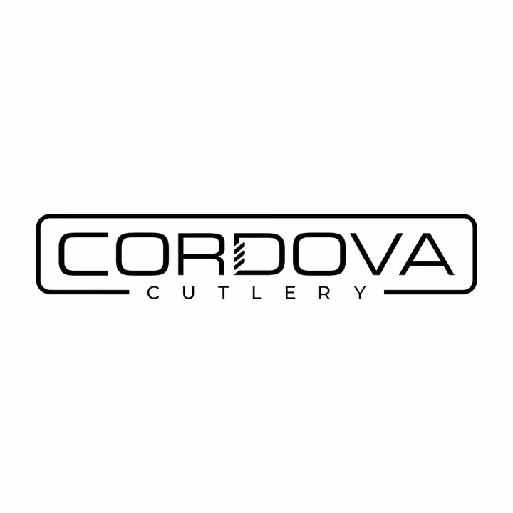 Cordova Cutlery logo after: CORDOVA in wide capitals inside a rounded frame, with diagonal stripes cut into the D, and CUTLERY in spaced capitals set into the bottom edge of the frame.
