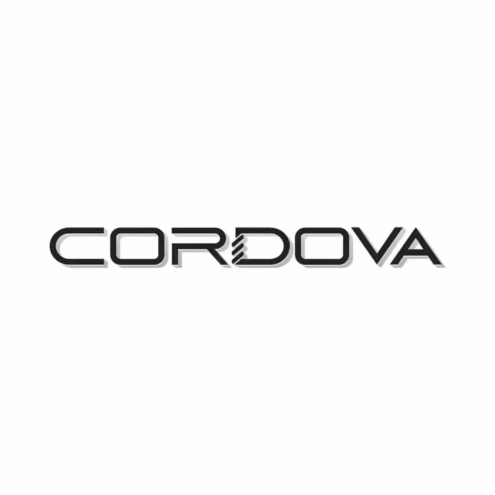 Cordova logo before: CORDOVA in wide, thin capitals with a gray shadow and stripes cut into the D, no frame and no CUTLERY line.