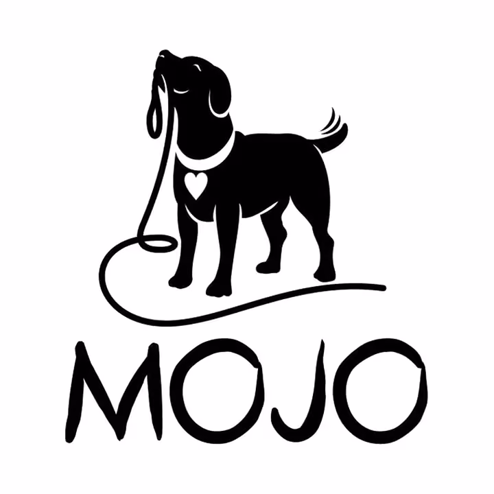 Mojo logo after: a black dog looking up with a leash curling beneath it, MOJO hand-lettered below.
