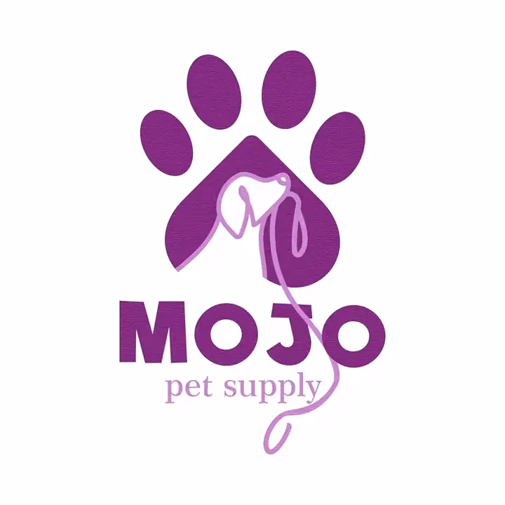Mojo logo before: a magenta paw print with a dog in its pad and a thin leash line running down through MOJO, with pet supply in lowercase underneath.