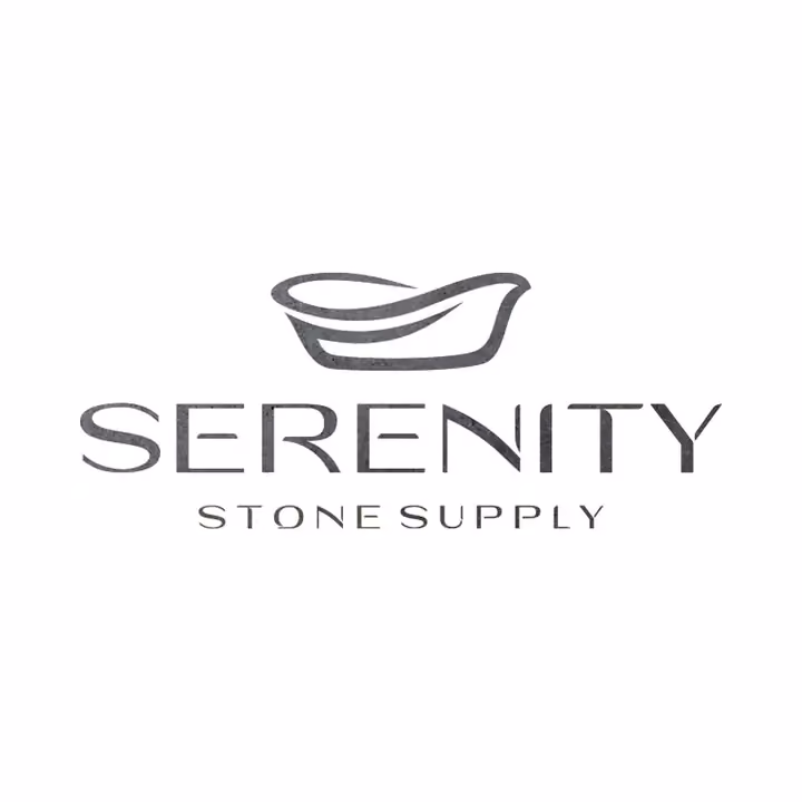 Serenity Stone Supply logo after: a thin-lined stone tub above SERENITY in wide thin capitals, with STONE SUPPLY underneath, in gray.