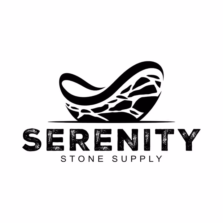 Serenity Stone Supply logo before: a heavy black tub filled with cracked-stone shapes above bold, rough-edged SERENITY and STONE SUPPLY in spaced capitals.