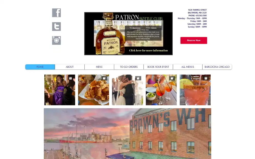 Screenshot of barcocina.com as it looks today: a white page with a Patron bottle club banner, a strip of photos, the Baltimore address and a menu bar that includes a Barcocina Chicago tab.